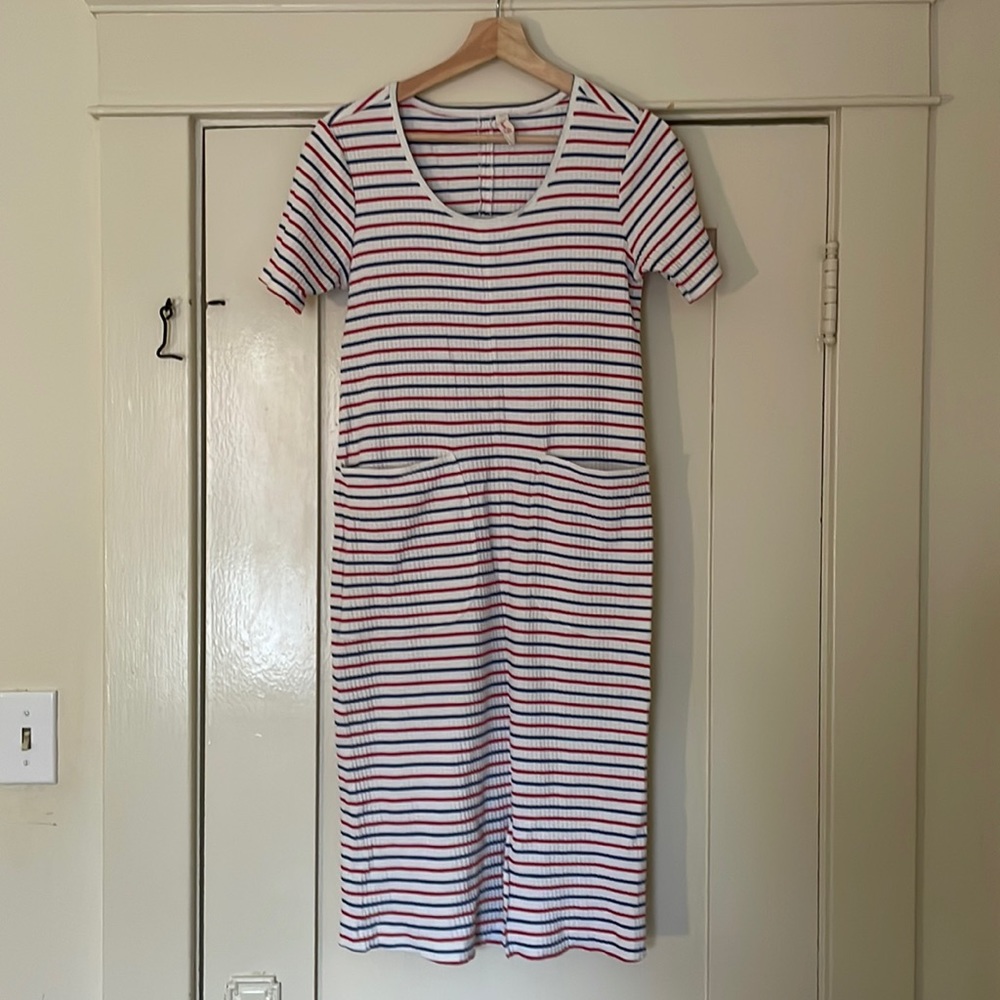 Love, Hanna (Hanna Andersson) XS white red blue striped ribbed pocket Midi dress